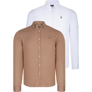 Ikili Set G674 Dewberry Erkek Gömlek-Beyaz-Camel