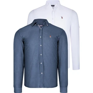 Ikili Set G674 Dewberry Erkek Gömlek-Beyaz-Petrol