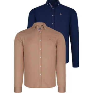 Ikili Set G674 Dewberry Erkek Gömlek Lacivert Camel