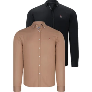 Ikili Set G674 Dewberry Erkek Gömlek Siyah Camel