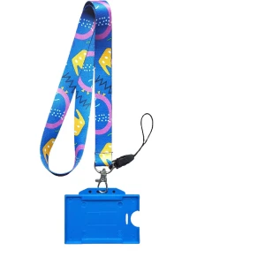 Dodo Bone Damask Kart Askı Ipi, Yaka Askı Ipi, Boyun Askı Ipi ve Telefon Askı Aparatı ; Mavi Plastik Yatay  Kartlık