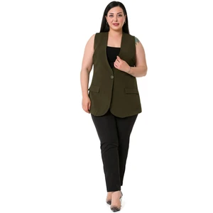 Disentis Modest Büyük Beden Tek Düğmeli Süs Cep Kapaklı Haki Astarlı Yelek