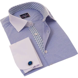 Exve Exclusive Mavi Beyaz Çizgili Yaka ve Manşet Içi Baskı Detaylı Fransız Duble Manşet Kol Düğmeli Gömlek