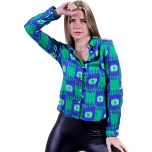Exve Exclusive Mavi Yeşil Etnik Desenli Tasarım Slim Fit Kadın Gömlek