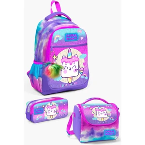 Coral High Kids Renkli Batik Unicorn Dondurma Desenli 3’lü Okul Çanta Seti SET0123480