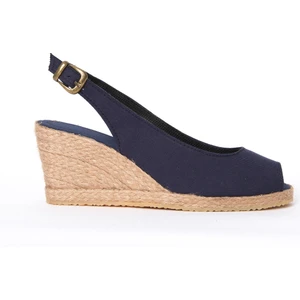 Star Tombis Burnu Açık Arkası Bantlı Dolgu Topuk Lacivert Keten Hasır Espadril