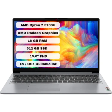 Lenovo Ideapad 1 15ALC7 Amd Ryzen 7 5700U 16GB 512GB SSD Freedos 15.6" Fhd Taşınabilir Bilgisayar