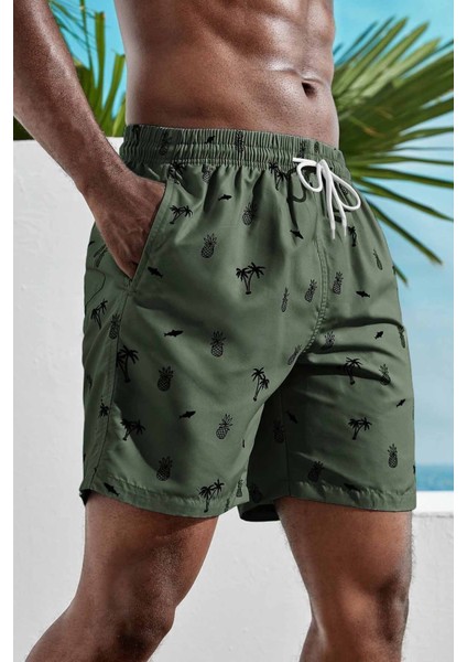 Erkek Basic Standart Boy Ananas ve Palmiye Baskılı Mayo Cepli Deniz Şortu