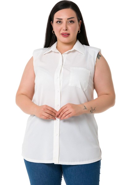 Büyük Beden Tek Cepli Vatkalı Kolsuz Beyaz Gömlek