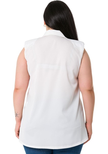 Büyük Beden Tek Cepli Vatkalı Kolsuz Beyaz Gömlek modelleri