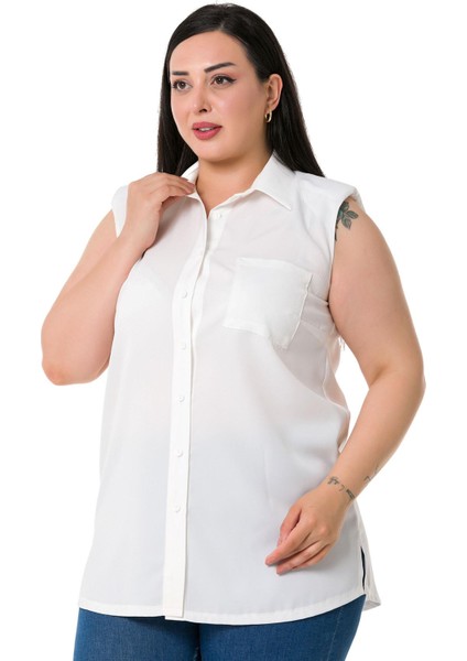 Büyük Beden Tek Cepli Vatkalı Kolsuz Beyaz Gömlek fırsatları