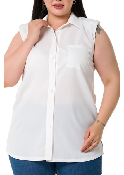 Büyük Beden Tek Cepli Vatkalı Kolsuz Beyaz Gömlek indirimleri