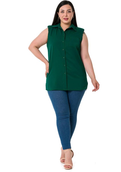 Büyük Beden Tek Cepli Vatkalı Kolsuz Zümrüt Gömlek fiyatları