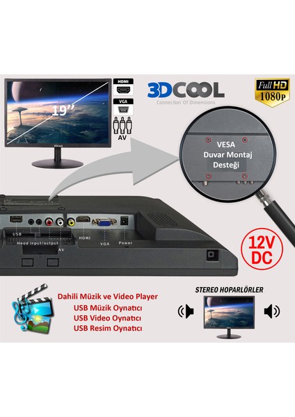 3D-19LXAE 19 Inç Fullhd 1080P HDMI VGA Av USB Vesa Hoparlörlü Monıtor