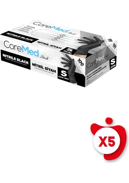Coremed Pudrasız Nitril Eldiven S Beden Siyah 100'lü 5 Paket