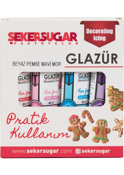 Şeker&Sugar Glazür 4'lü Set 40 gr  Beyaz, Pembe, Mavi, Mor