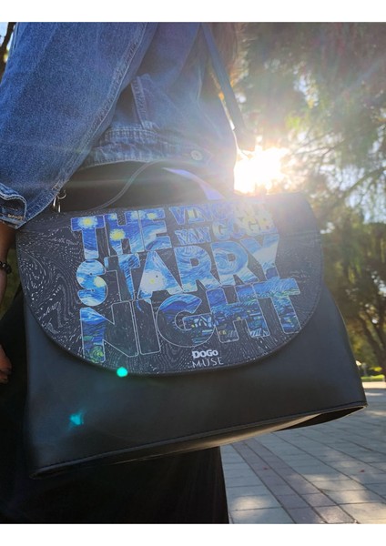 Kadın Vegan Deri Siyah El Çantası - Vincent van Gogh The Starry Night Muse Tasarım modelleri