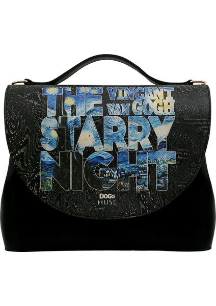 Kadın Vegan Deri Siyah El Çantası - Vincent van Gogh The Starry Night Muse Tasarım