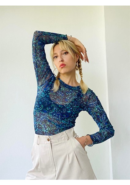 Transparan Tül Badi Bluz Kadın Mavi fiyatları