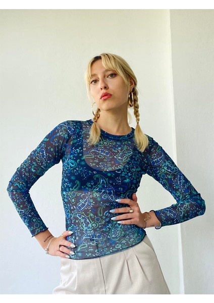 Transparan Tül Badi Bluz Kadın Mavi modelleri