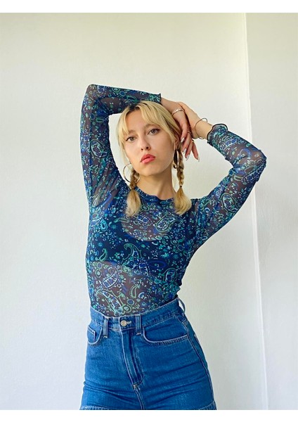 Transparan Tül Badi Bluz Kadın Mavi fırsatları