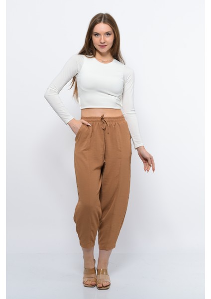 Ince Yazlık Kadın Yüksek Bel Rahat Salaş Pamuklu Slouchy Fit Basic Beli Lastikli Bilek Boy Pantolon