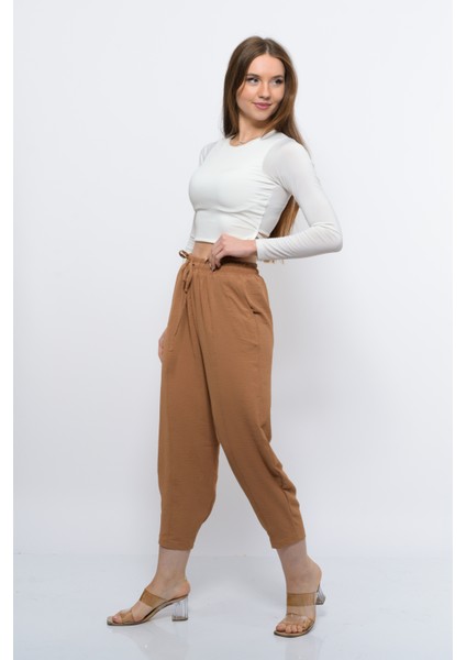 Ince Yazlık Kadın Yüksek Bel Rahat Salaş Pamuklu Slouchy Fit Basic Beli Lastikli Bilek Boy Pantolon