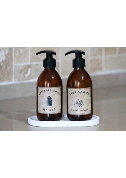 JUNİBELİW 3lü Set Vintage Serisi Amber Cam Şişe 2X250ML Sıvı Sabun Çamaşır Suyu Etiketli+ Altlık