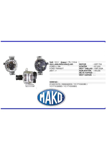 Alternatör A115I.14V/105A Transıt V184 Mako 63310503