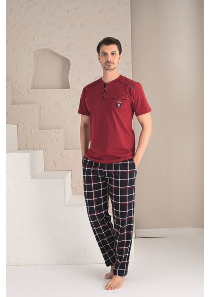 Erkek Kısa Kol Pamuklu Ekose Pijama Takımı