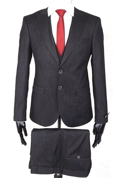 Slim Fit Sivri Yaka Çift Yırtmaç Siyah Drop 6 Yelekli Takım Elbise