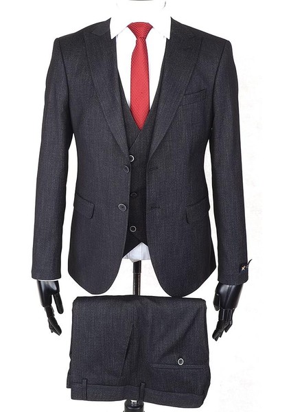 Slim Fit Sivri Yaka Çift Yırtmaç Siyah Drop 6 Yelekli Takım Elbise