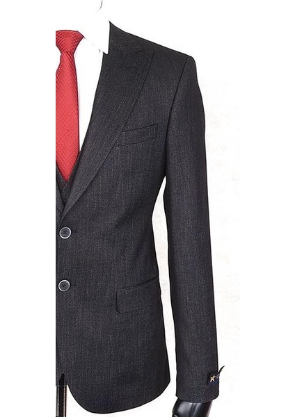 Slim Fit Sivri Yaka Çift Yırtmaç Siyah Drop 6 Yelekli Takım Elbise