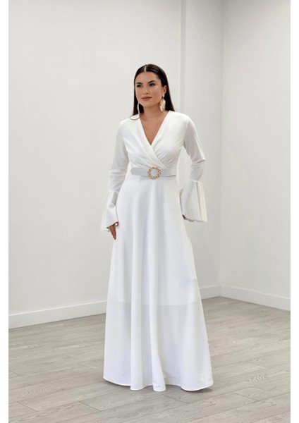 Krep Kumaş Kolları Volan Detaylı Maxiboy Abiye Elbise - Beyaz fiyatları