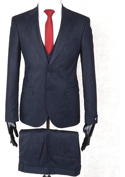 Slim Fit Sivri Yaka Çift Yırtmaç Lacivert Drop 6 Yelekli Takım Elbise