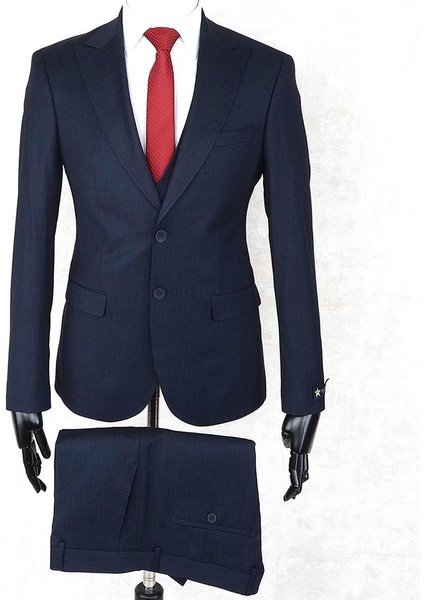 Slim Fit Sivri Yaka Çift Yırtmaç Lacivert Drop 6 Yelekli Takım Elbise