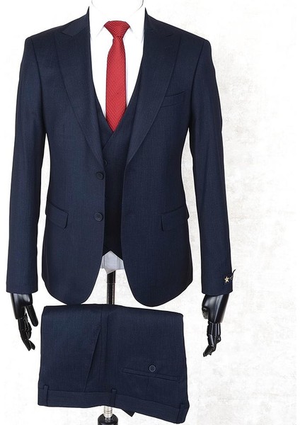 Slim Fit Sivri Yaka Çift Yırtmaç Lacivert Drop 6 Yelekli Takım Elbise