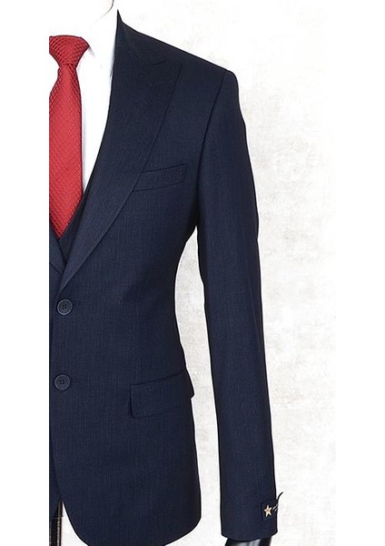 Slim Fit Sivri Yaka Çift Yırtmaç Lacivert Drop 6 Yelekli Takım Elbise