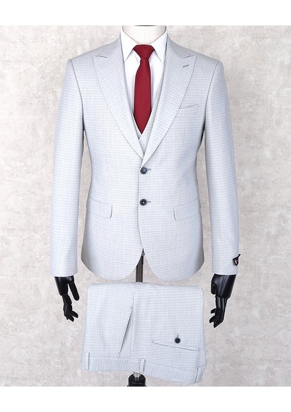 Slim Fit Sivri Yaka Çift Yırtmaç Taş Rengi Drop 6 Yelekli Takım Elbise