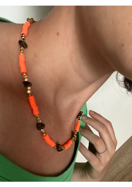 Doğal Taşlı Turuncu Boncuklu Choker Kolye fiyatları