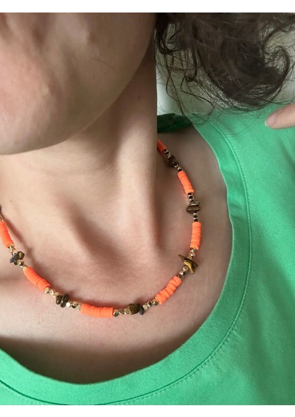 Doğal Taşlı Turuncu Boncuklu Choker Kolye modelleri