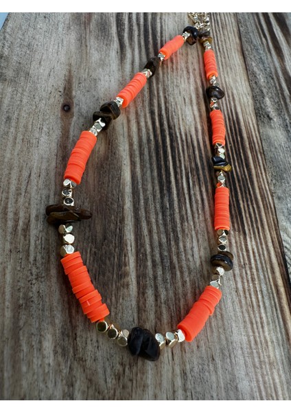 Doğal Taşlı Turuncu Boncuklu Choker Kolye fırsatları