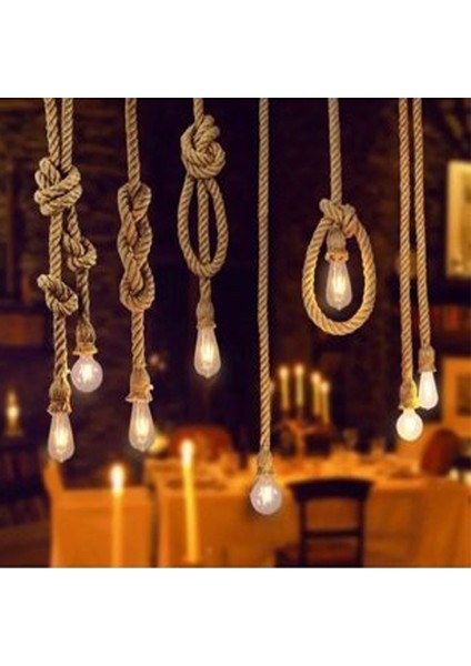 Rustik Jüt Halatlı Sarkıt Lamba Avize Retro Otantik Halat-50 cm +Ampül