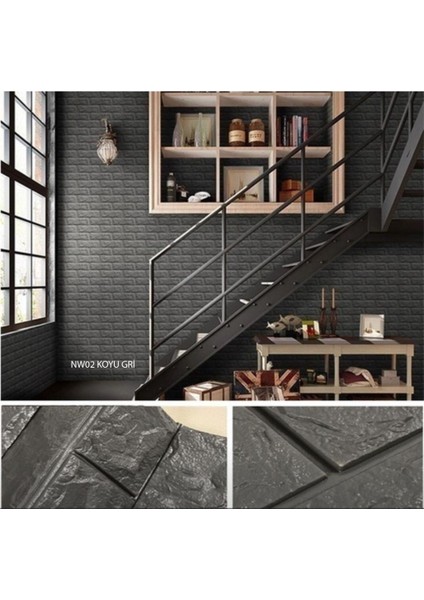 NW02-70X500CM Kendinden Yapışkanlı Gri Tuğla Desen 3D Duvar Kağıdı Paneli Tek Parça