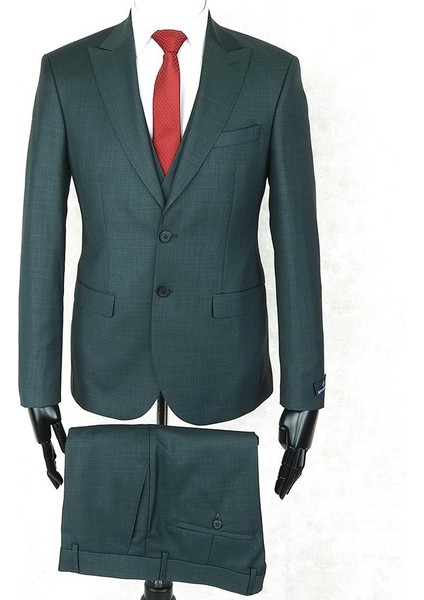Slim Fit Sivri Yaka Çift Yırtmaç Koyu Yeşil Drop 6 Yelekli Takım Elbise