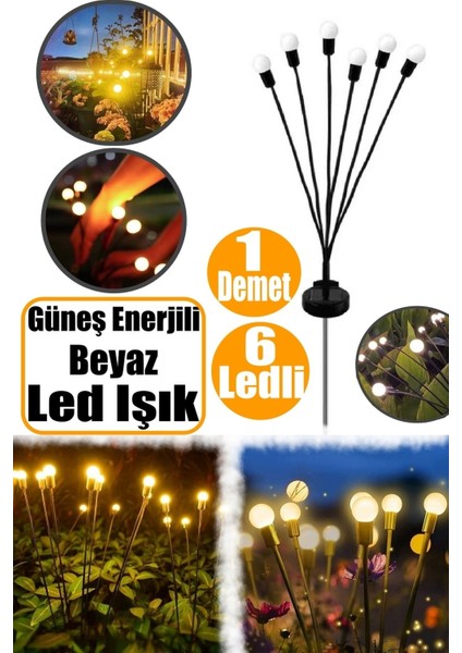 6 Ledli Güneş Enerjili Beyaz Aydınlatma Dekoratif Solar Bahçe Işıkları Dış Mekan 2 Modlu Lamba