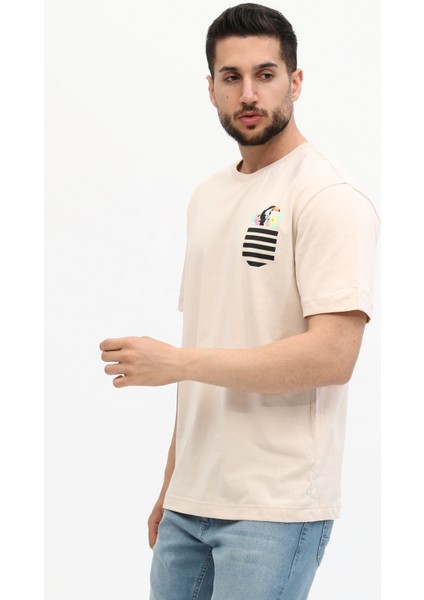 Oversize Cep Baskılı Bisiklet Yaka Tişört
