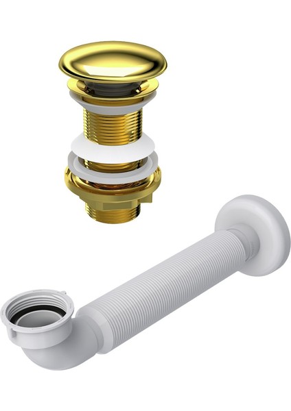 Seramik Başlıklı Altın Pop Up ( Basmalı ) Sifon ( Körüklü Boru Dahil )