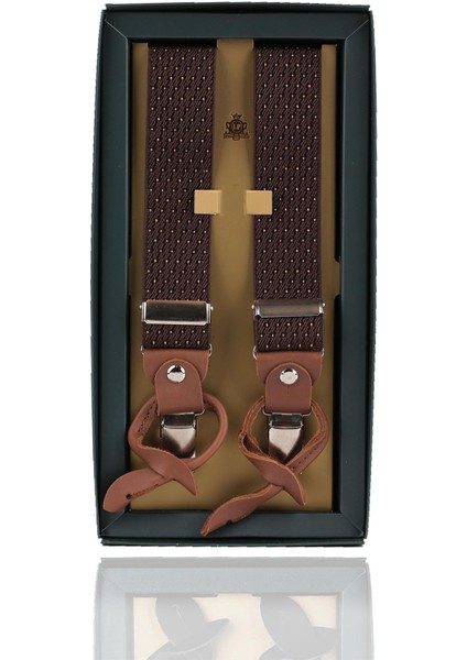 Kahverengi Deri Bağlantılı Düğme Delikli Jakarlı Pantolon Askısı PAN147