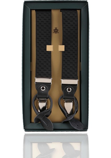 Siyah Deri Bağlantılı Düğme Delikli Jakarlı Pantolon Askısı PAN150